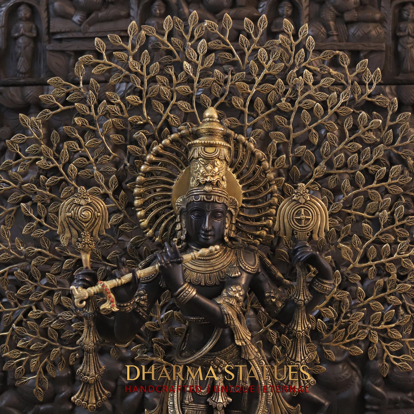 Brass Lord Krishna Idol, Playing Flute, Beneath the Tree of Life, Golden & Black Finish, 37.5"