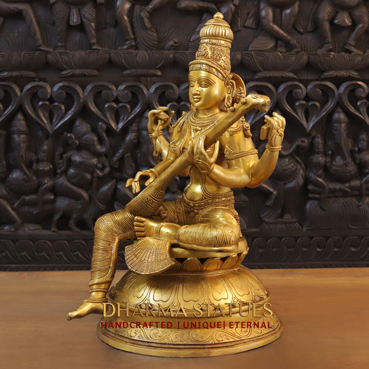 Brass Saraswati seated on Lotus, Fine Golden Finish, 24"