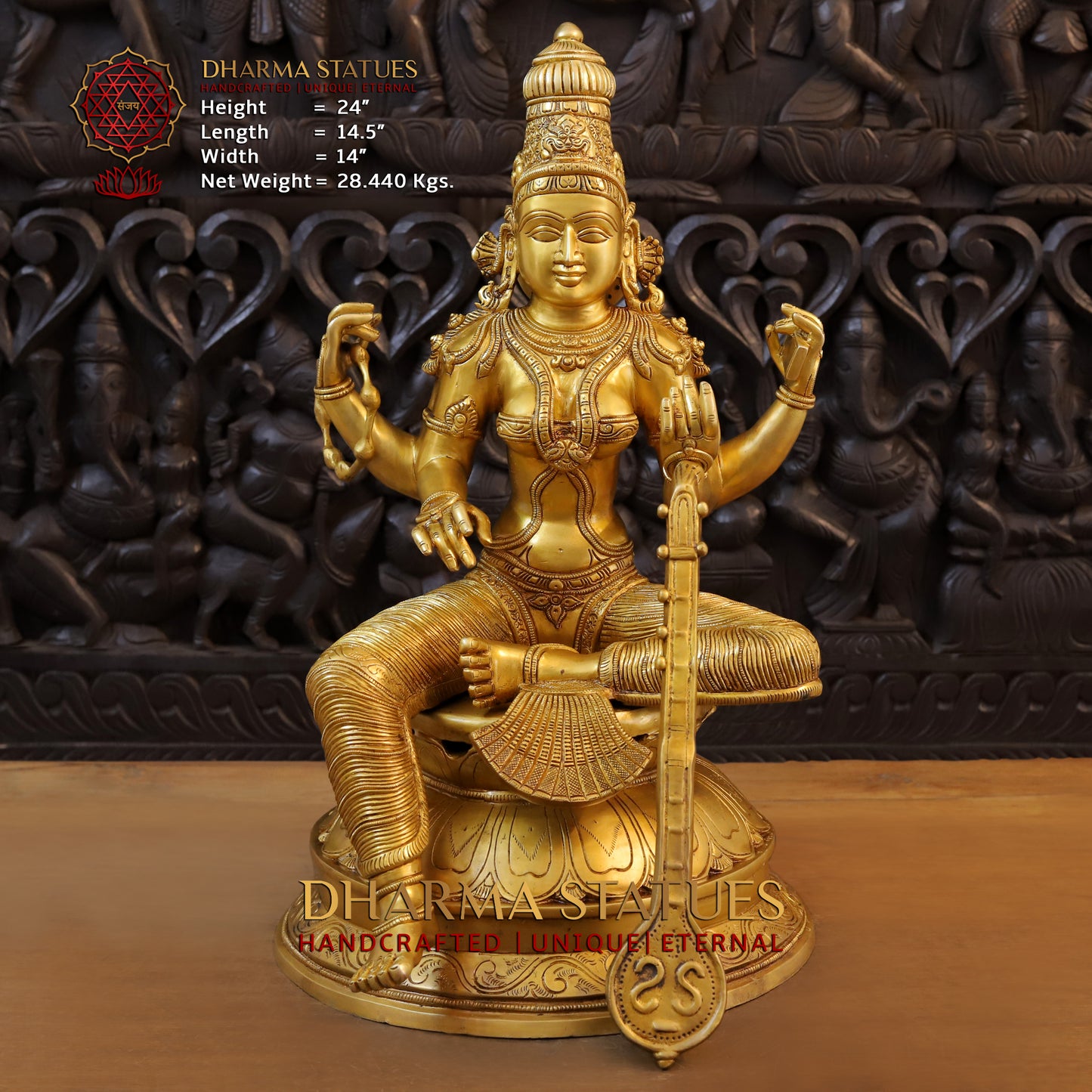 Brass Saraswati seated on Lotus, Fine Golden Finish, 24"