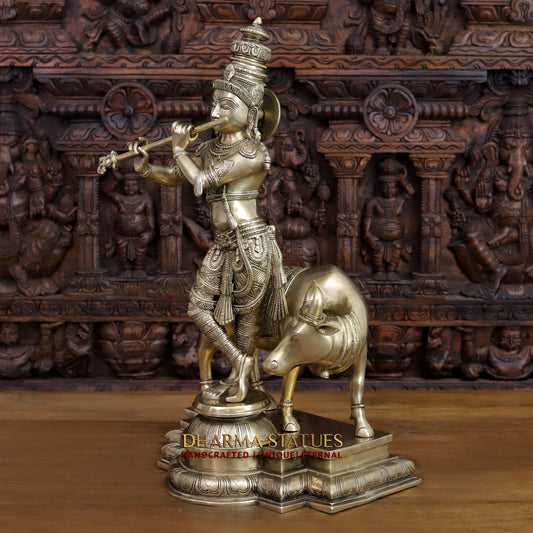 Brass Krishna Idol, Playing Flute with Cow, Fine Golden Finish 25"