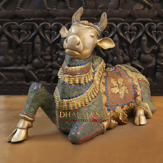 Brass Nandi seated, Golden & Stonework, 21.5"