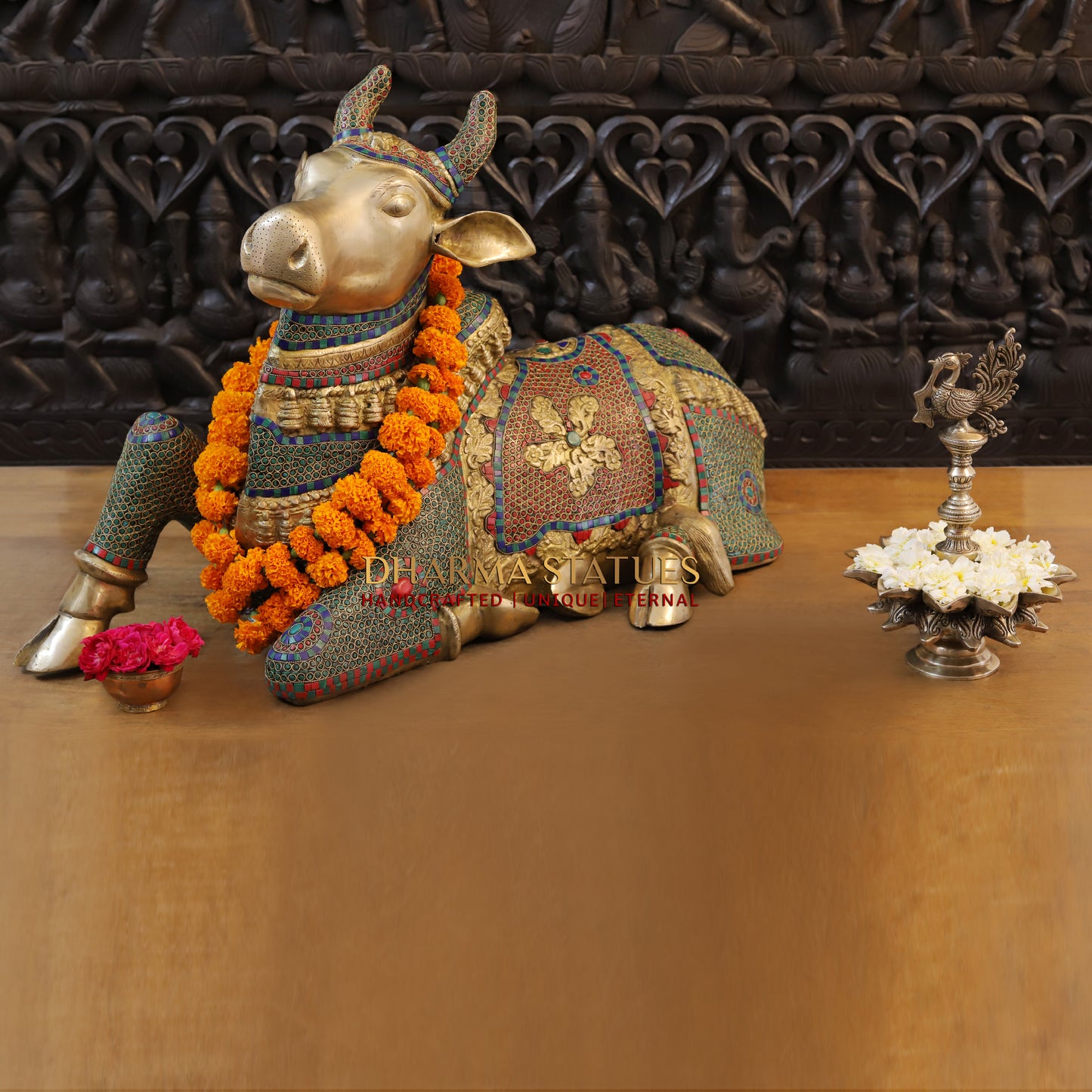Brass Nandi seated, Golden & Stonework, 21.5"