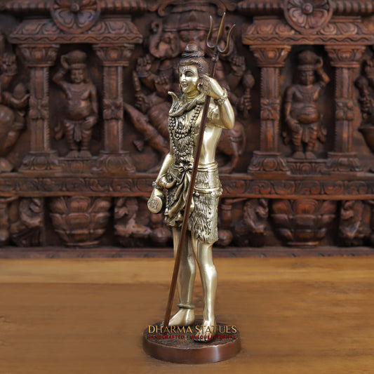 Brass Lord Shiva Statue, Standing with Trident & Damru , 19"