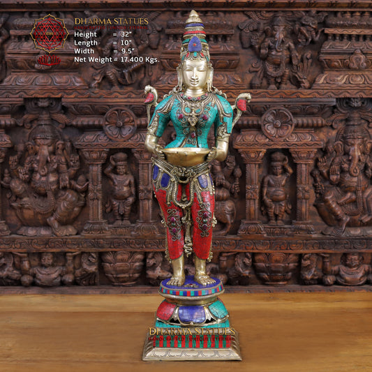 Brass Deep Lady, standing on a Lotus, Stone & Golden Finish 32"