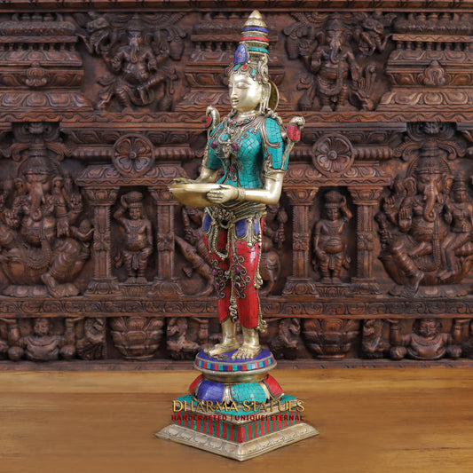 Brass Deep Lady, standing on a Lotus, Stone & Golden Finish 32"