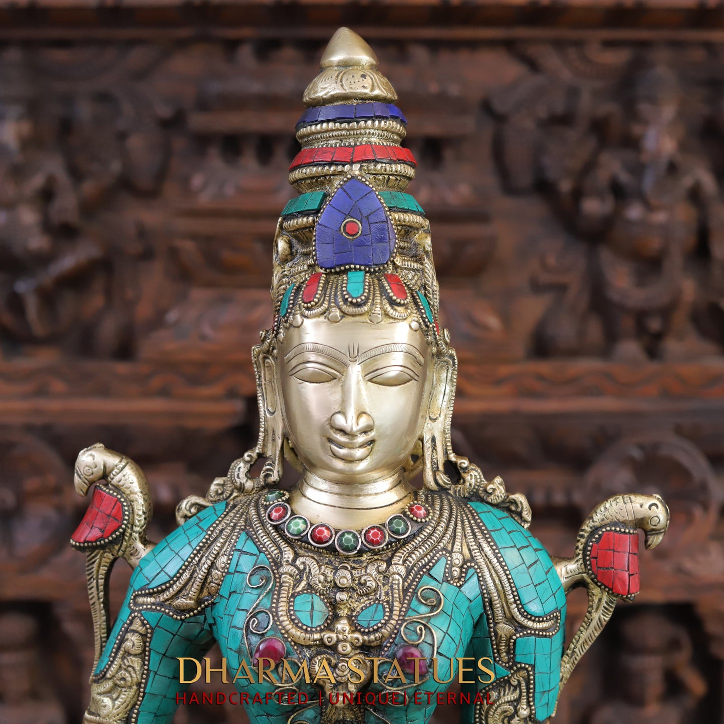 Brass Deep Lady, standing on a Lotus, Stone & Golden Finish 32"