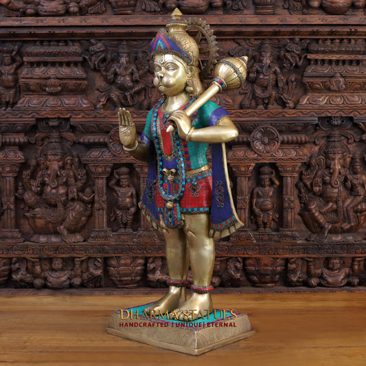 Brass Hanuman Statue, Standing, Fine Stone & Golden Work 36"