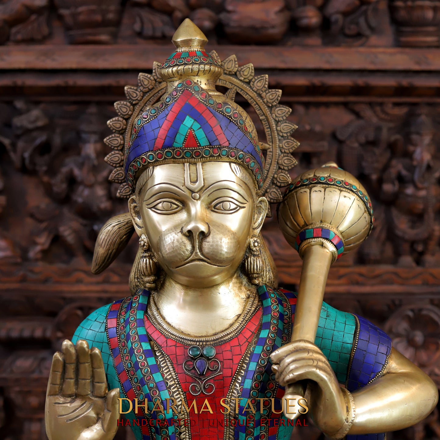 Brass Hanuman Statue, Standing, Fine Stone & Golden Work 36"