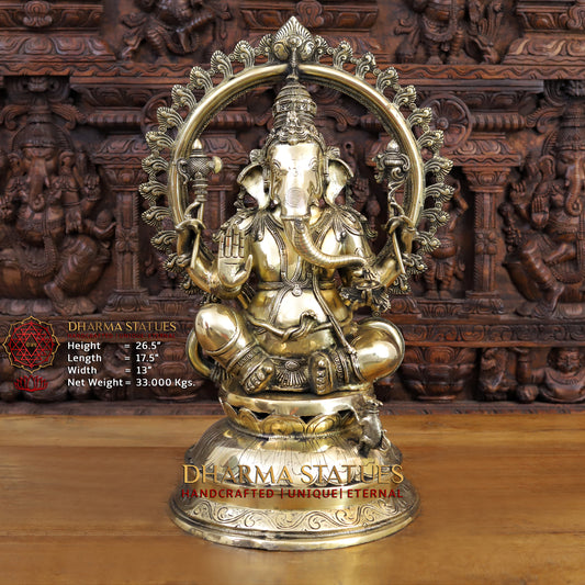 Brass Ganesh Statue, Seated on a Lotus, Fine Golden Finish 26.5"