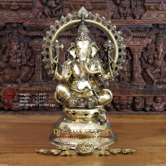 Brass Ganesh Statue, Seated on a Lotus, Fine Golden Finish 26.5"
