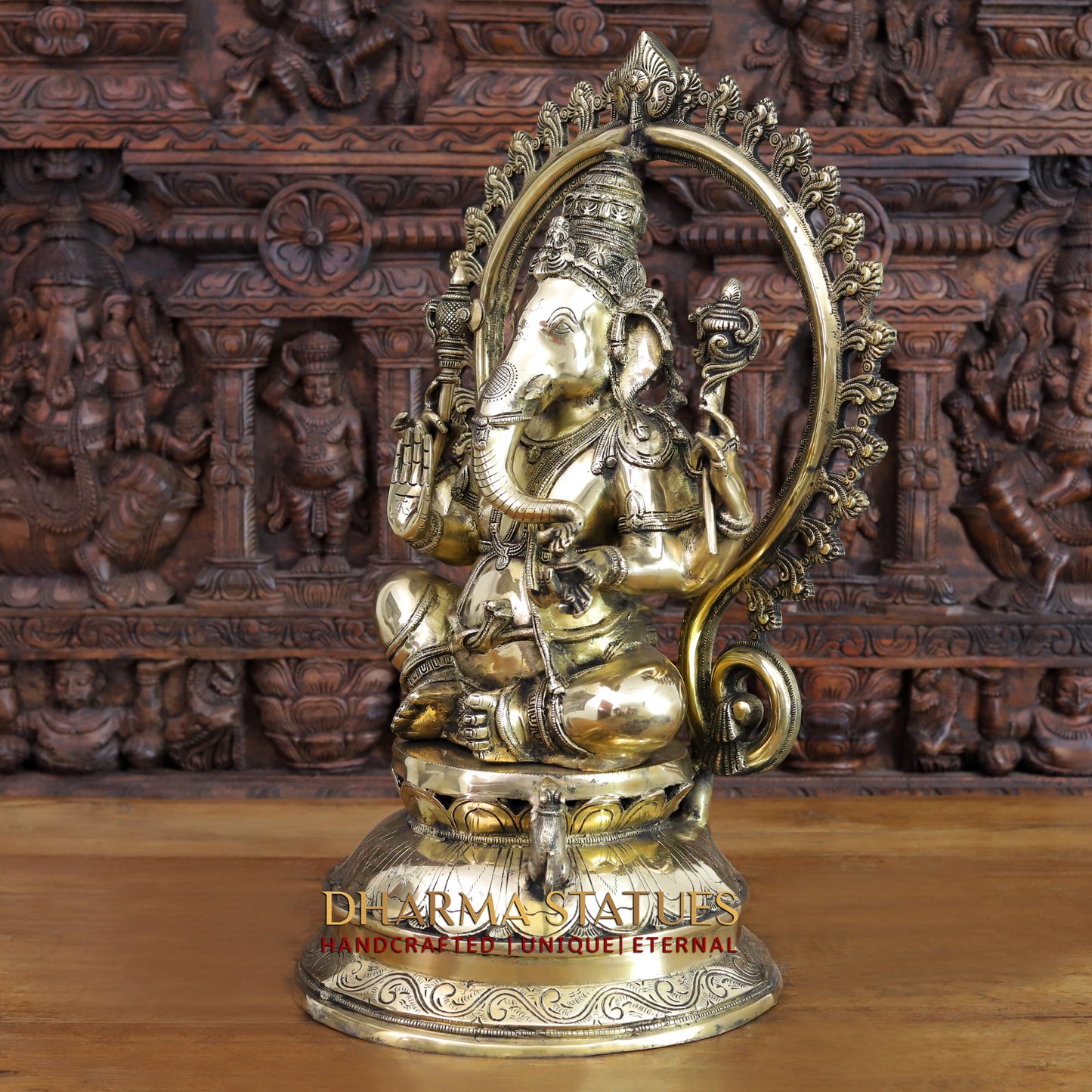 Brass Ganesh Statue, Seated on a Lotus, Fine Golden Finish 26.5"