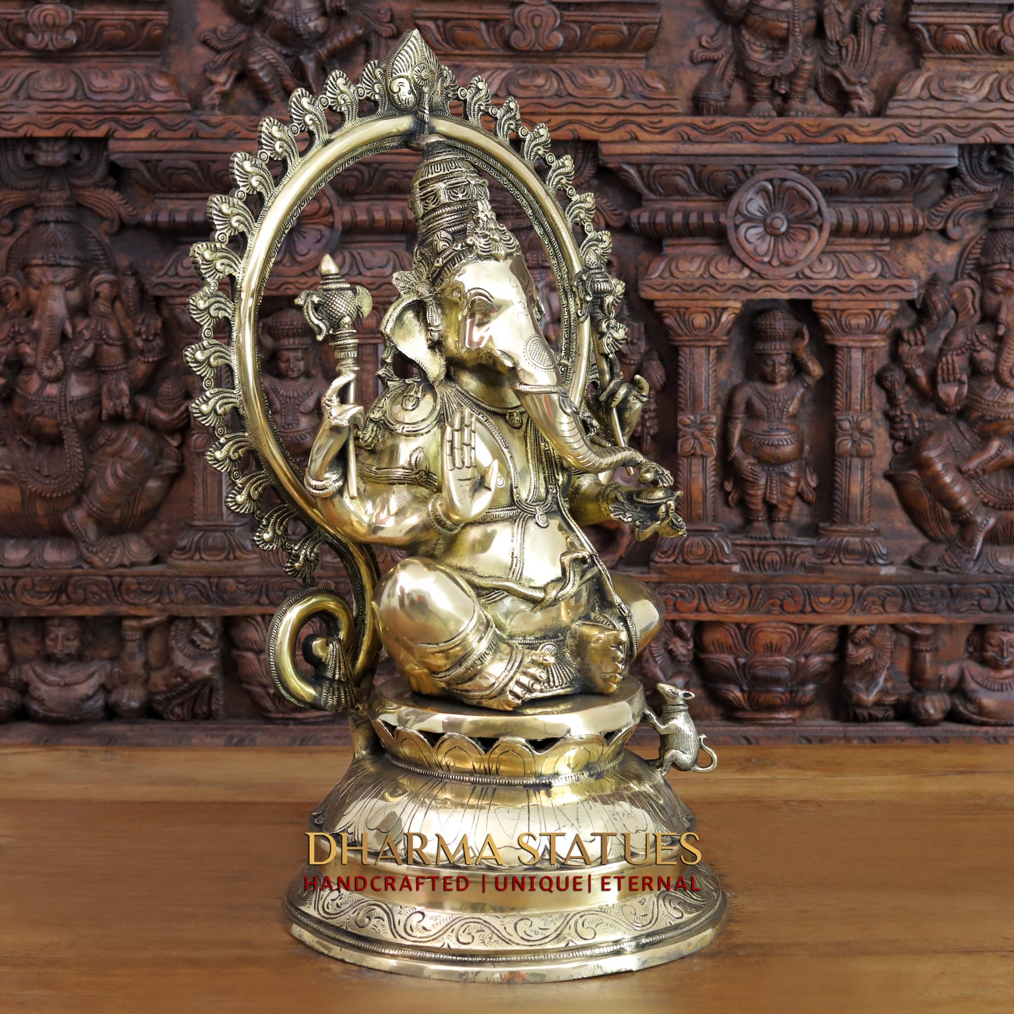 Brass Ganesh Statue, Seated on a Lotus, Fine Golden Finish 26.5"