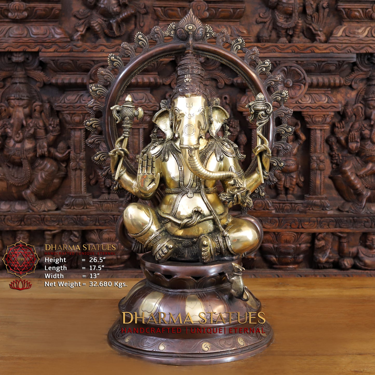 Brass Ganesh Statue, Seated on a Lotus, Fine copper and Golden Finish 26.5"