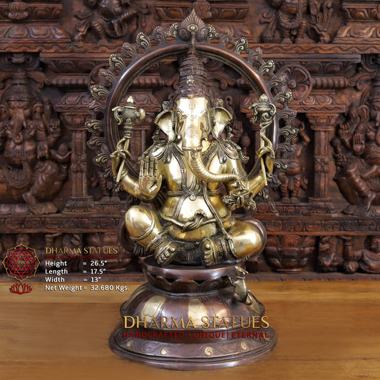 Brass Ganesh Statue, Seated on a Lotus, Fine copper and Golden Finish 26.5"