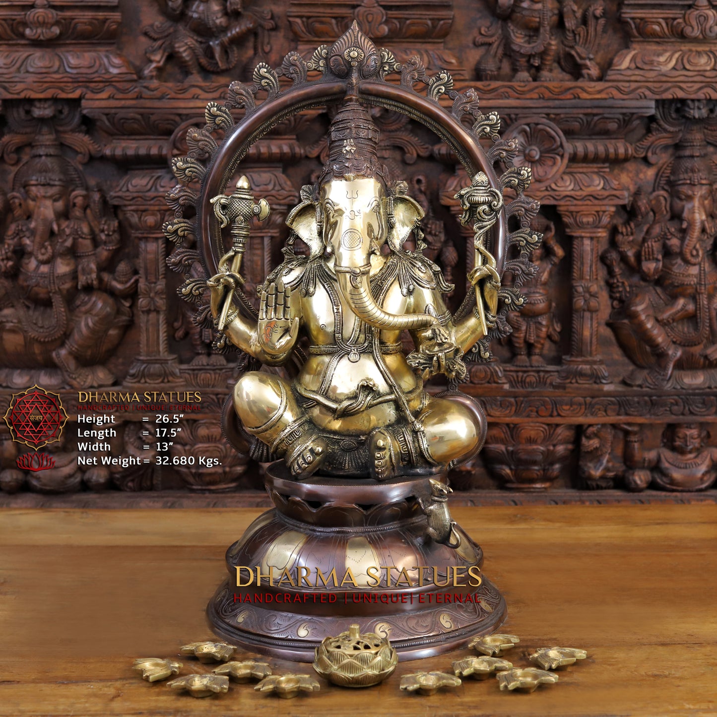 Brass Ganesh Statue, Seated on a Lotus, Fine copper and Golden Finish 26.5"