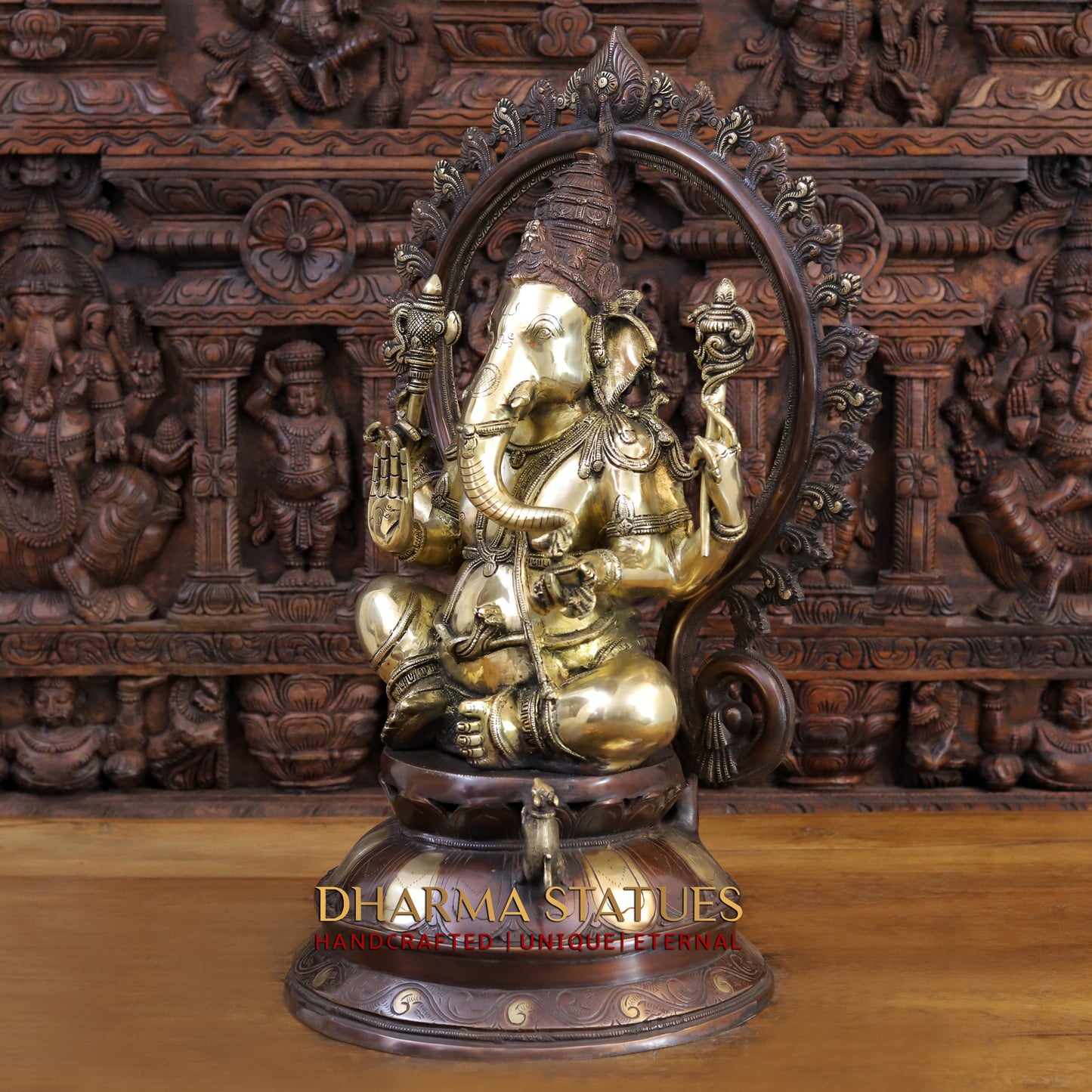 Brass Ganesh Statue, Seated on a Lotus, Fine copper and Golden Finish 26.5"
