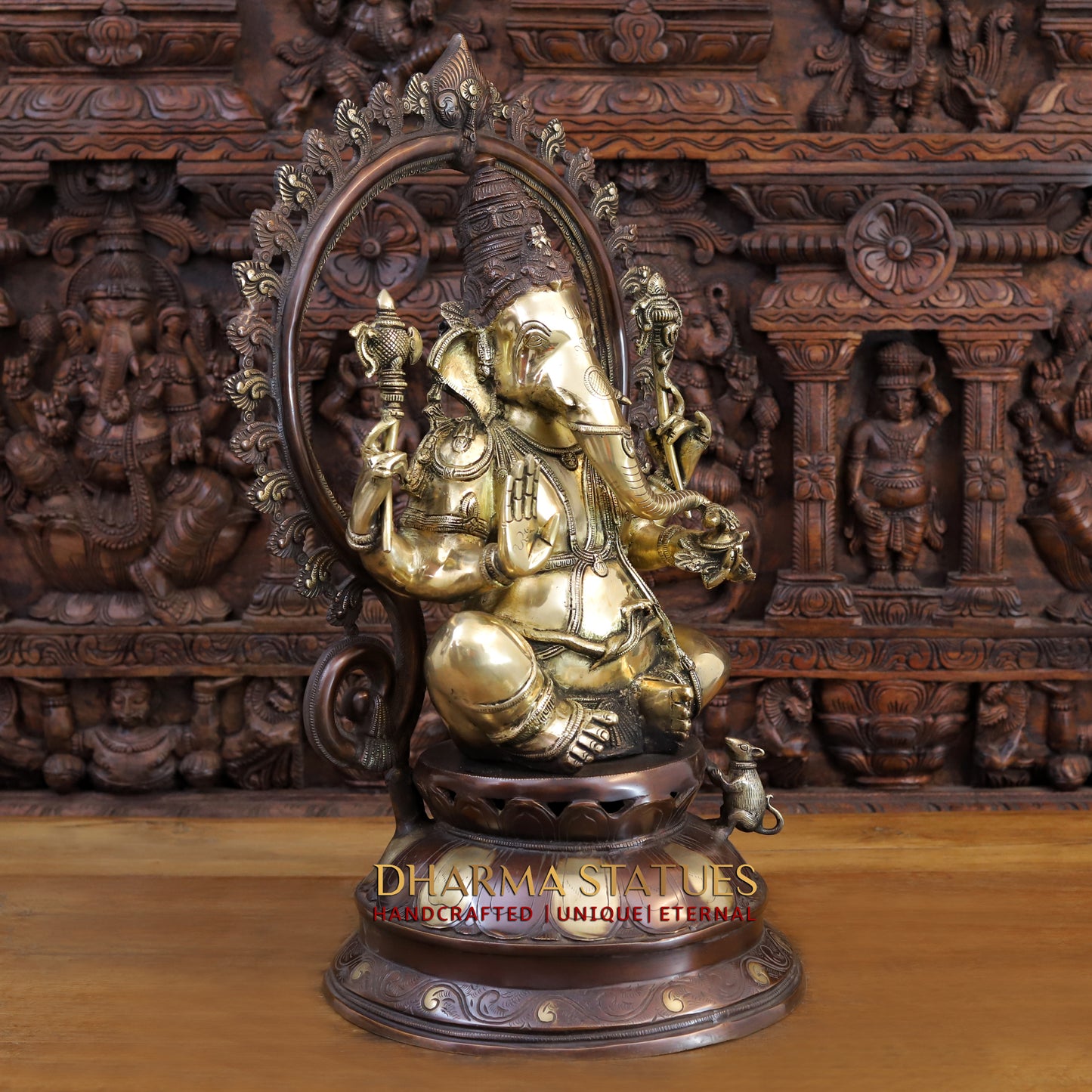 Brass Ganesh Statue, Seated on a Lotus, Fine copper and Golden Finish 26.5"