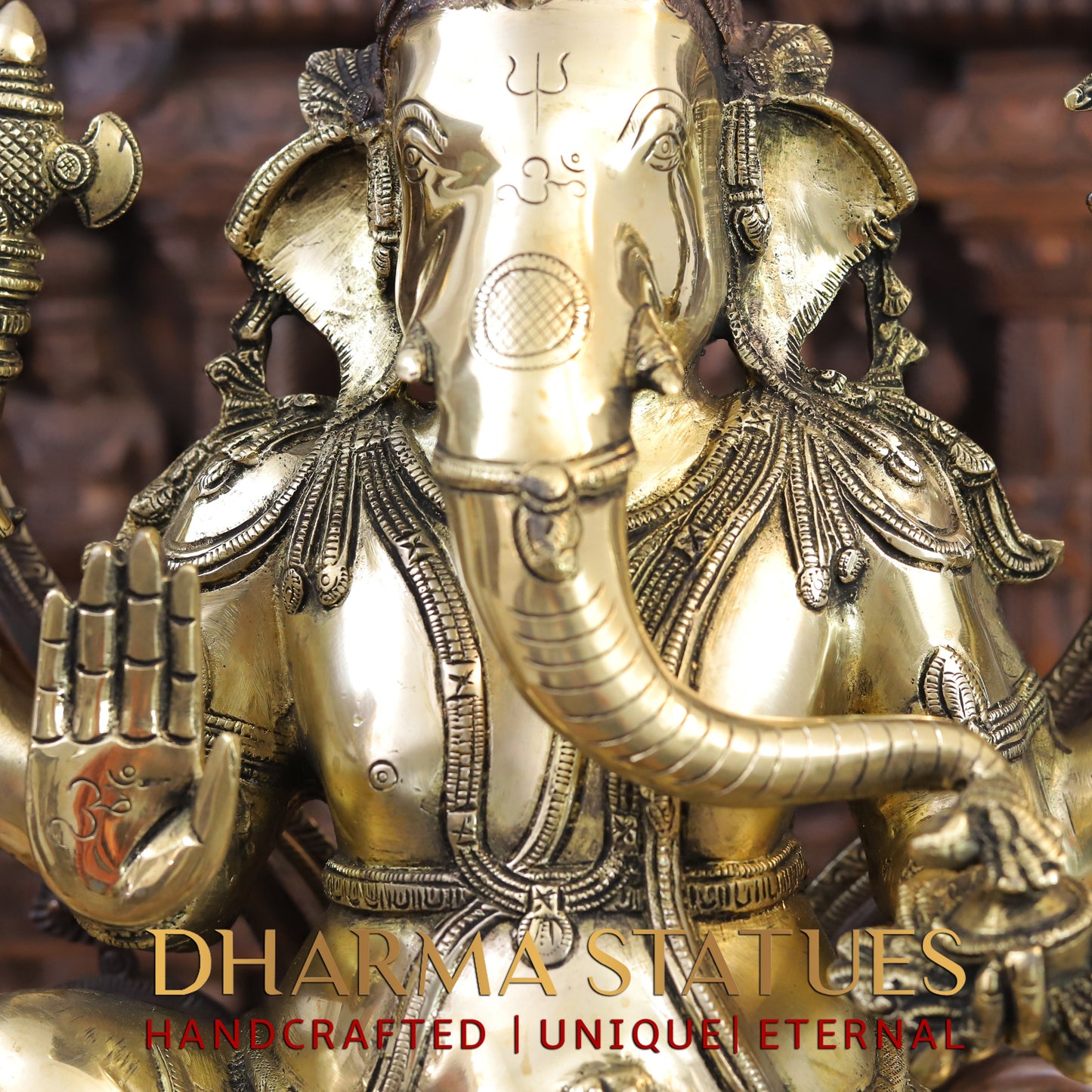 Brass Ganesh Statue, Seated on a Lotus, Fine copper and Golden Finish 26.5"