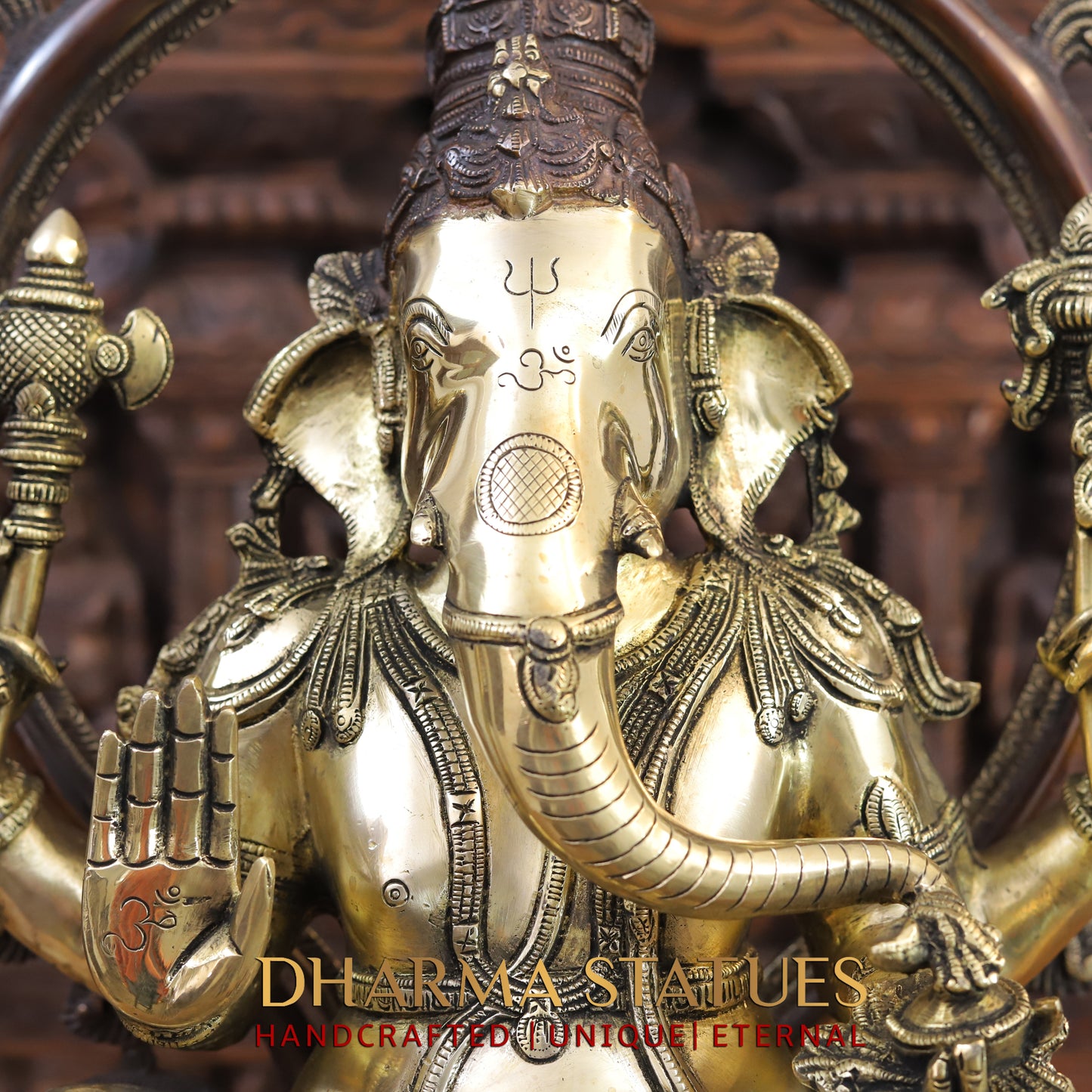 Brass Ganesh Statue, Seated on a Lotus, Fine copper and Golden Finish 26.5"