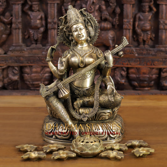 Brass Saraswati Statue, Golden Finish, 15.5"