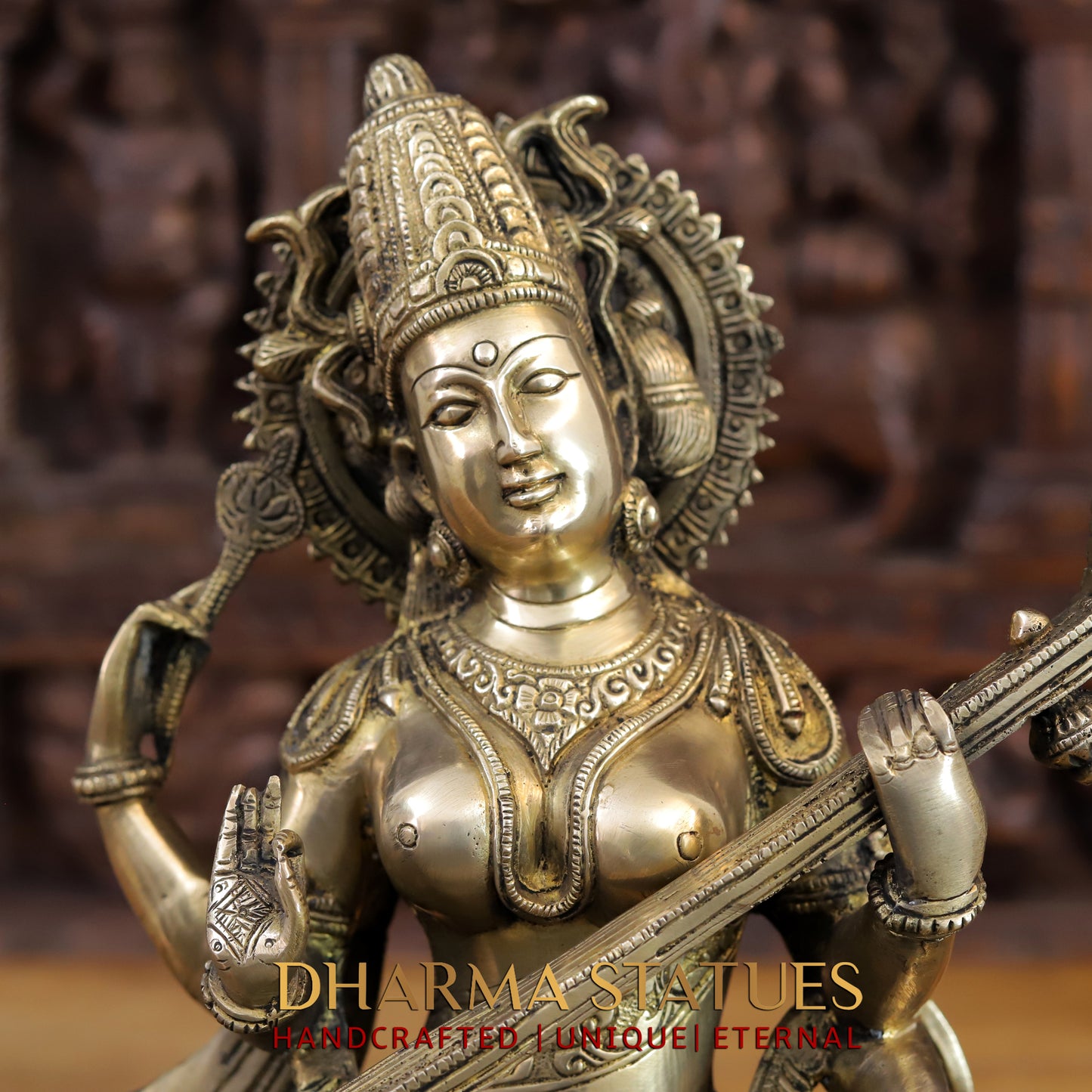 Brass Saraswati Statue, Golden Finish, 15.5"