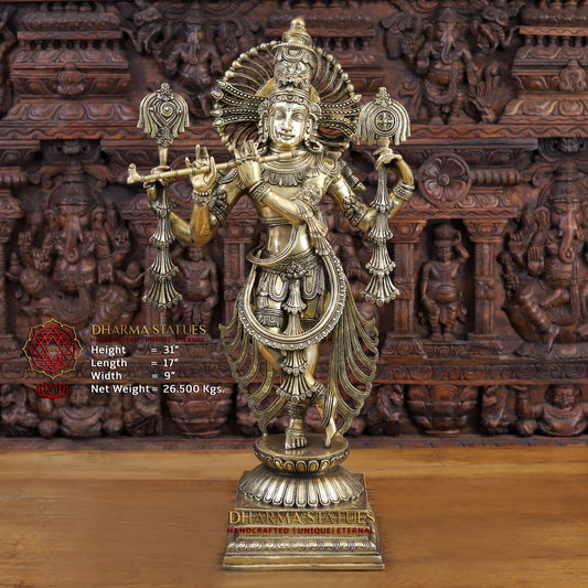 Brass Krishna Statue, Fine Golden Finish, 31"