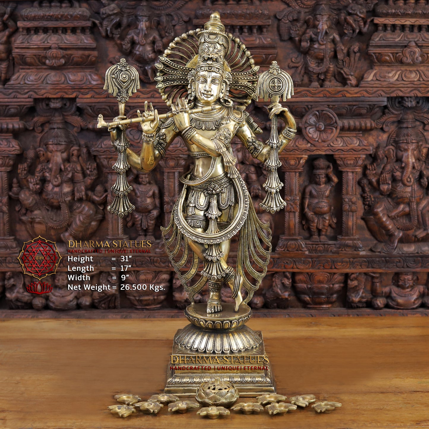 Brass Krishna Statue, Fine Golden Finish, 31"