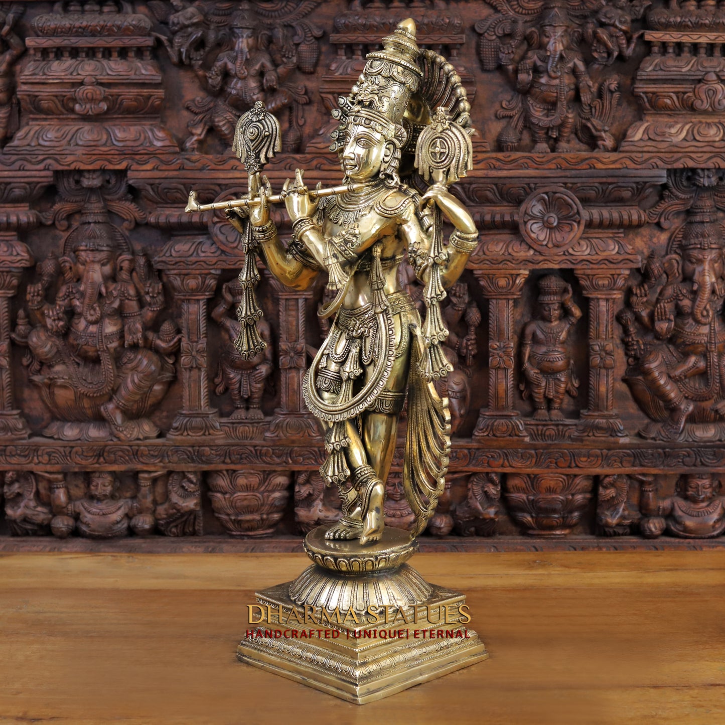 Brass Krishna Statue, Fine Golden Finish, 31"