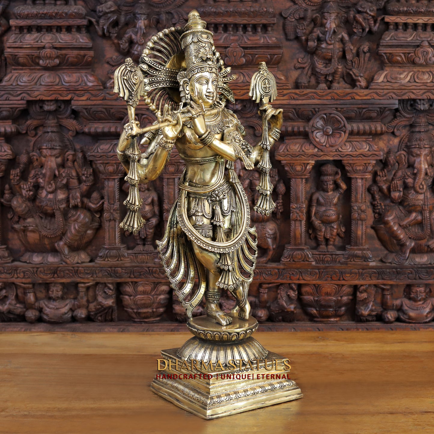 Brass Krishna Statue, Fine Golden Finish, 31"
