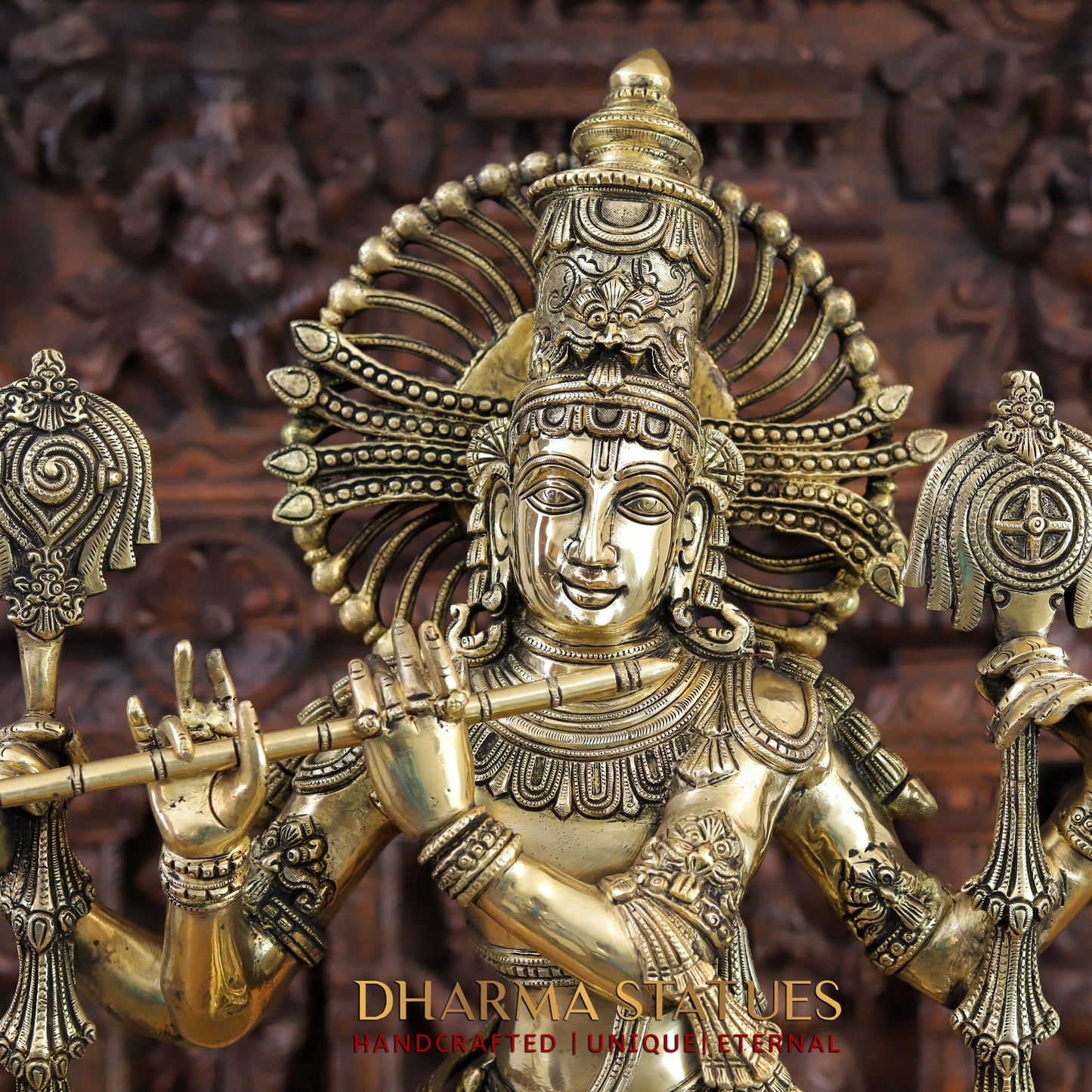 Brass Krishna Statue, Fine Golden Finish, 31"