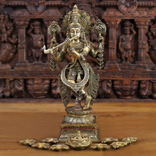 Brass Krishna Statue, Fine Golden Finish, 19"