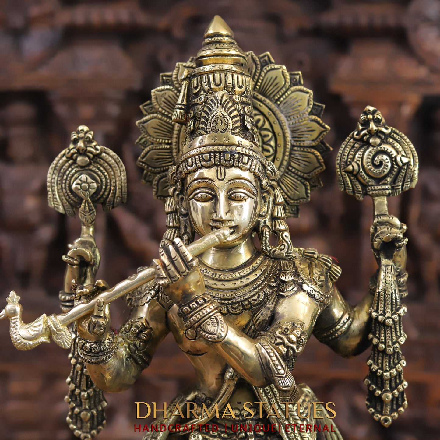 Brass Krishna Statue, Fine Golden Finish, 19"