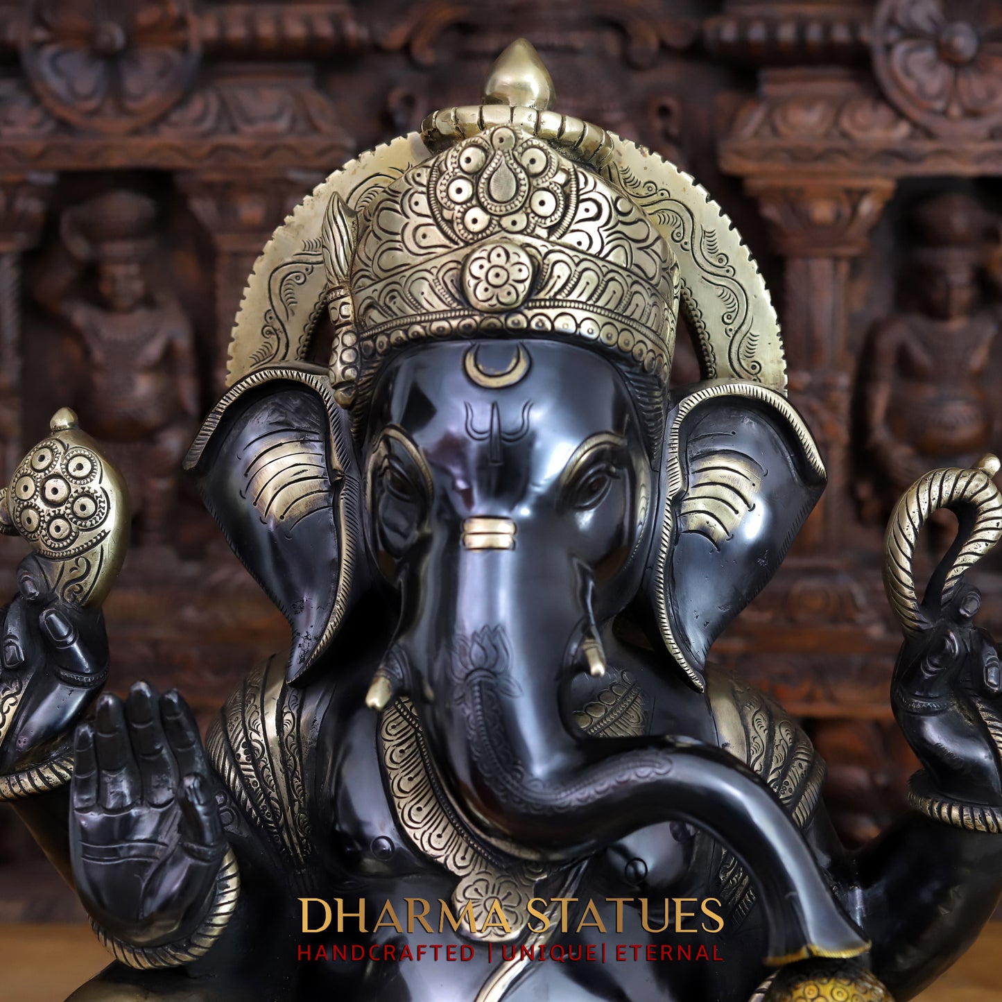 Brass Ganesh seated with rat in square base, Black Patina & Golden Finish, 21"