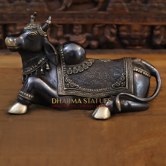 Brass Nandi Idol, Lord Shiva's Guardian, Black Patina with Golden Finish, 9"