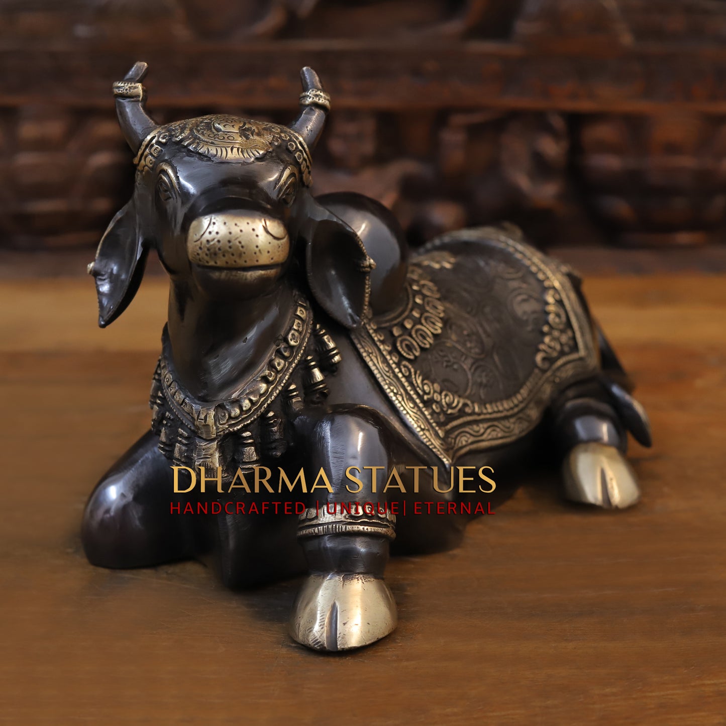 Brass Nandi Idol, Lord Shiva's Guardian, Black Patina with Golden Finish, 9"