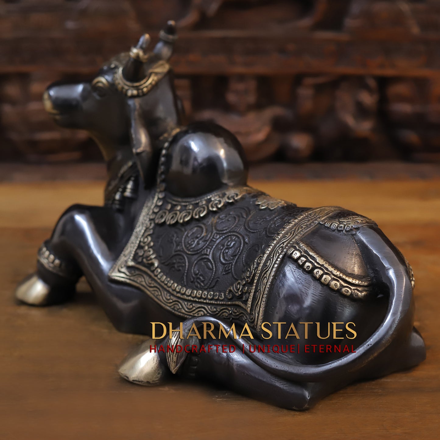 Brass Nandi Idol, Lord Shiva's Guardian, Black Patina with Golden Finish, 9"