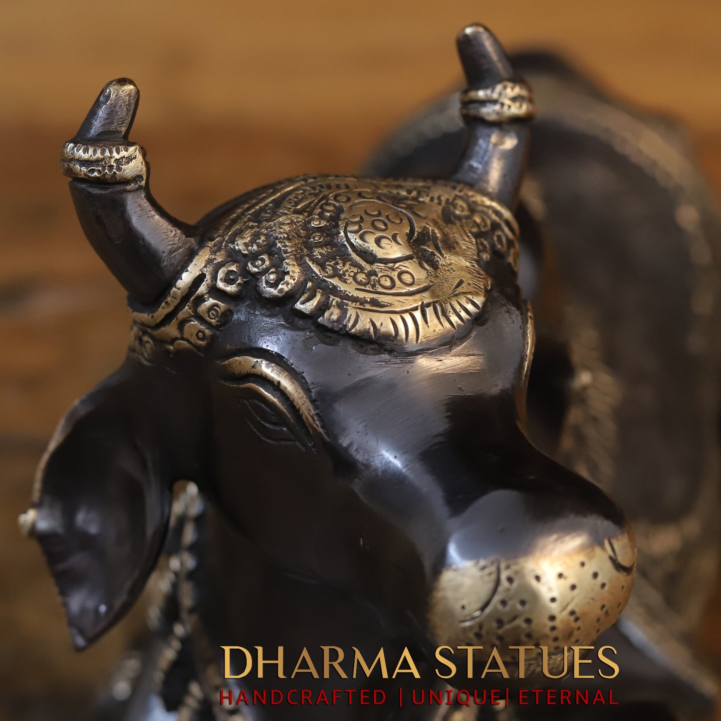 Brass Nandi Idol, Lord Shiva's Guardian, Black Patina with Golden Finish, 9"