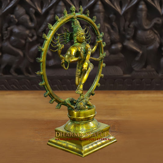 Brass Natraj Statue, Depicts Dancing Lord Shiva, Golden Finish with Green hues 15" side view