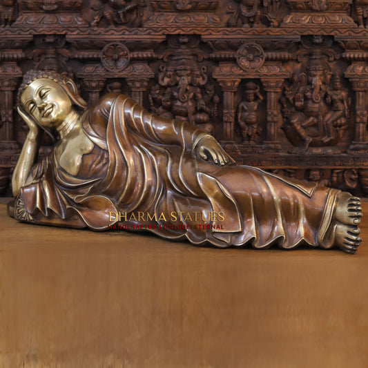 Brass Resting Buddha, Copper & Golden Finish, 19"