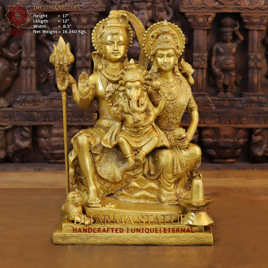 Brass Shiva Family with Ganesh & Parvati on Kailash Mountain, Fine Golden Finish, 17"