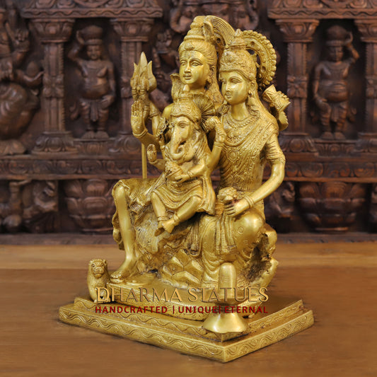 Brass Shiva Family with Ganesh & Parvati on Kailash Mountain, Fine Golden Finish, 17"