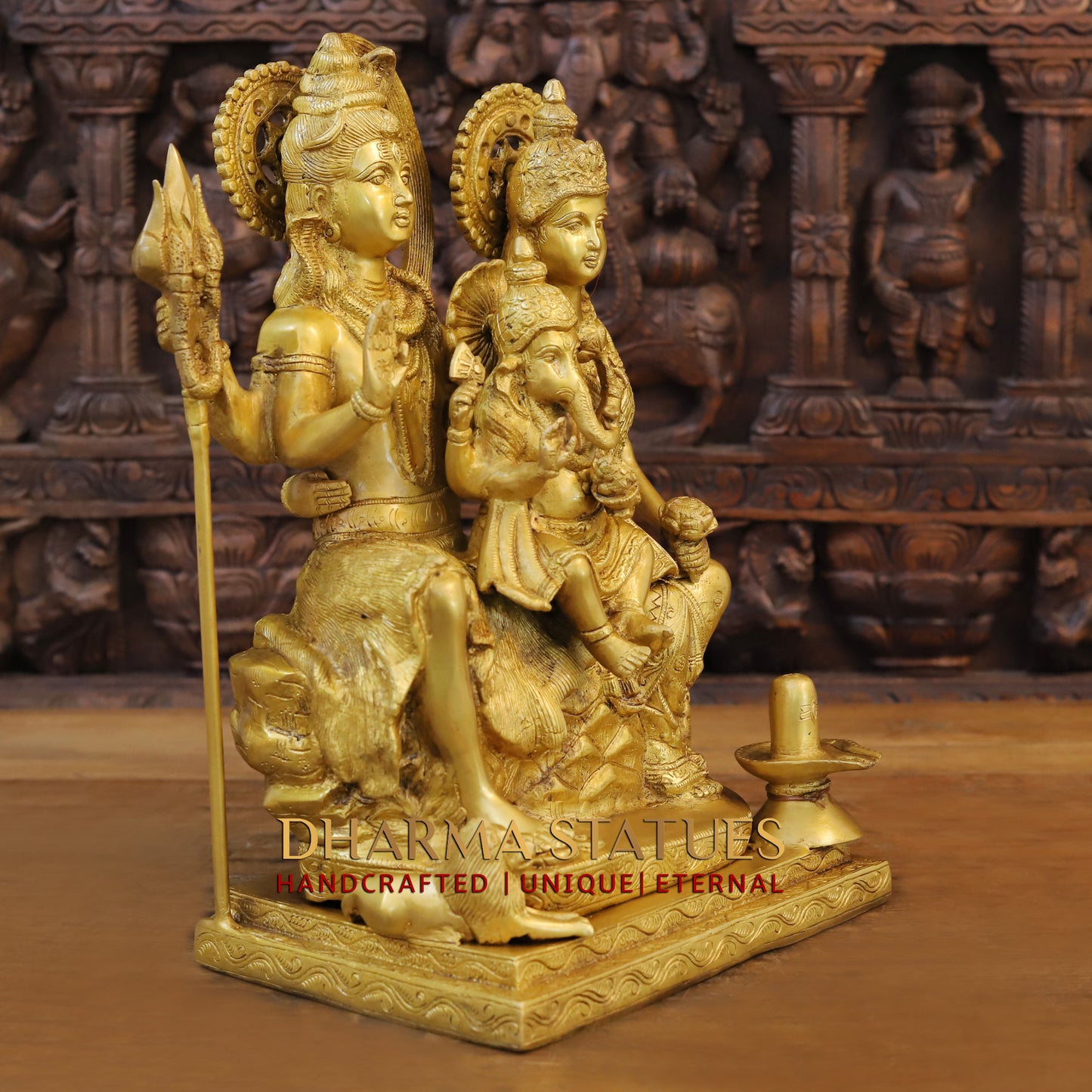 Brass Shiva Family with Ganesh & Parvati on Kailash Mountain, Fine Golden Finish, 17"