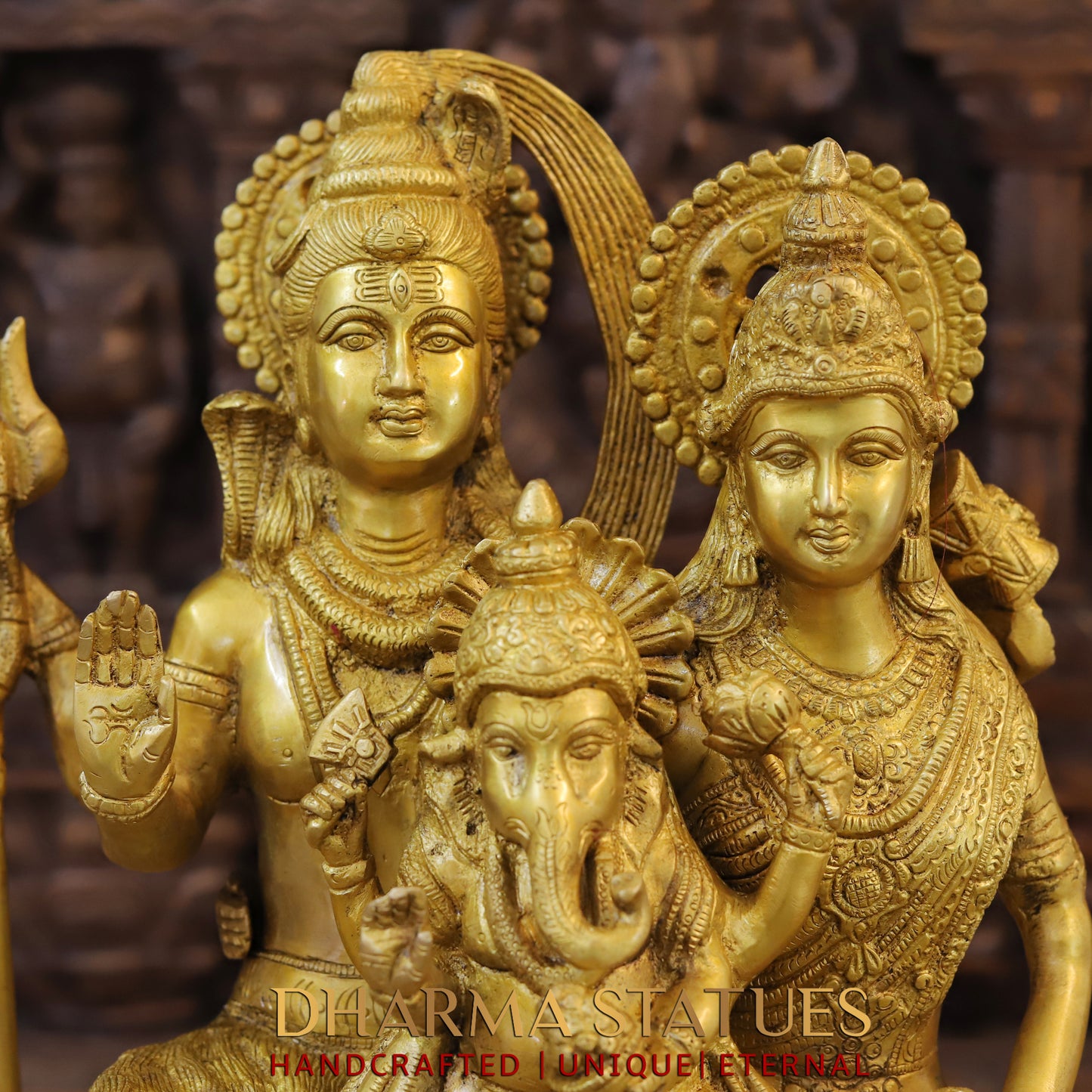 Brass Shiva Family with Ganesh & Parvati on Kailash Mountain, Fine Golden Finish, 17"