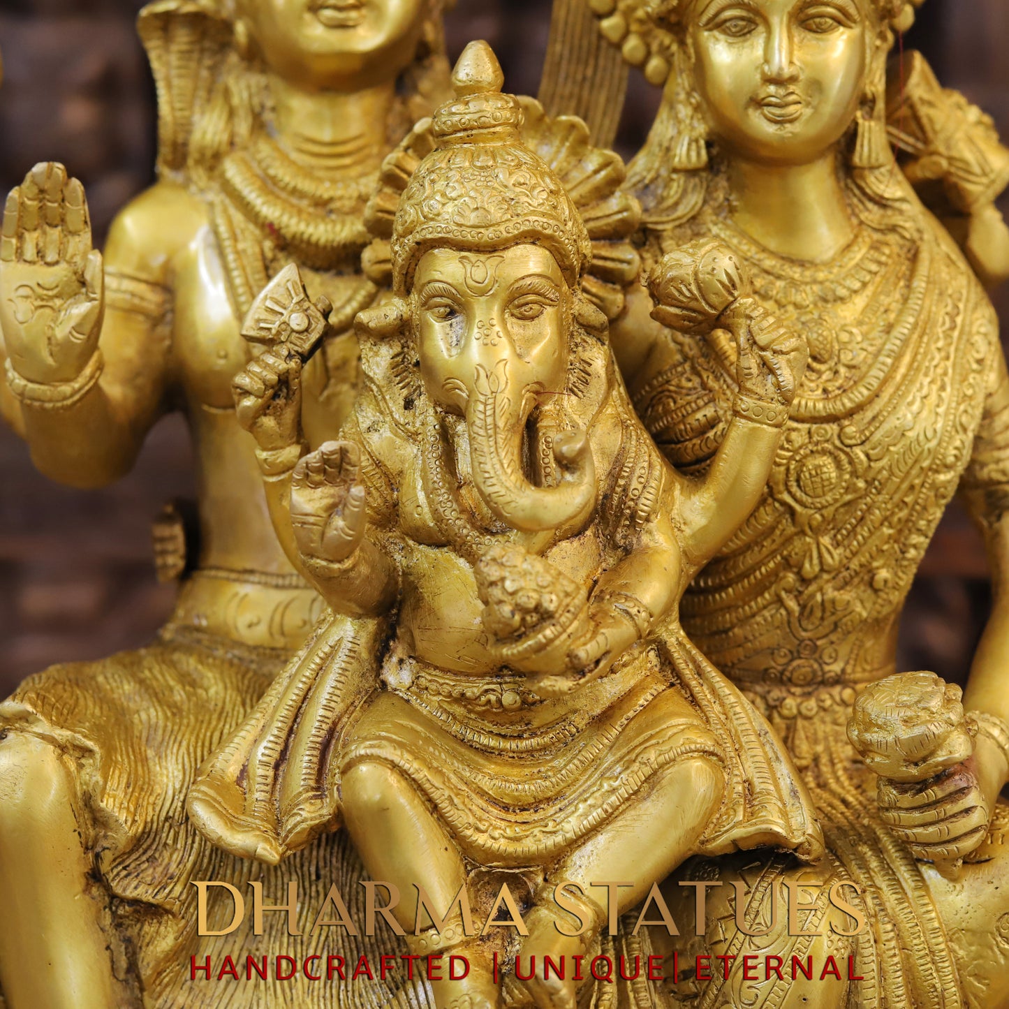 Brass Shiva Family with Ganesh & Parvati on Kailash Mountain, Fine Golden Finish, 17"