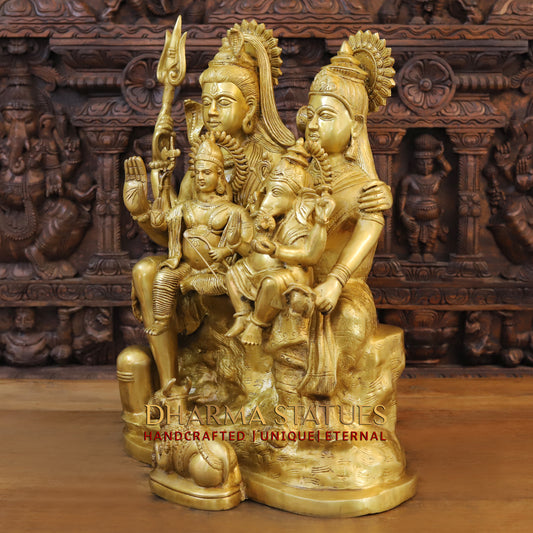 Brass Shiva Parivar with Nandi & Shivling, Guardians of Cosmic Balance, Radiant Gold Finish, 24"