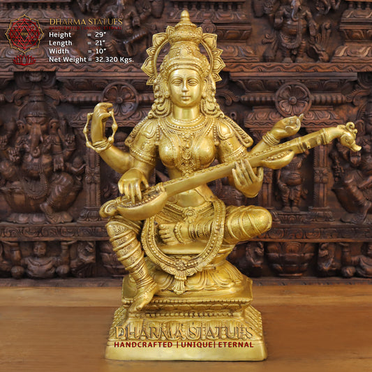 Brass Saraswati Seated, Golden Finish, 29"