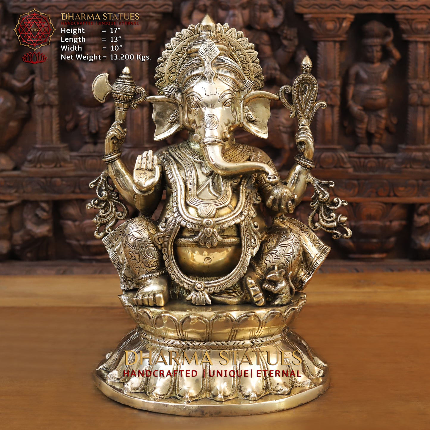 Brass Ganesh seated on Base with Fine Carved jewelry, Golden Finish, 17"
