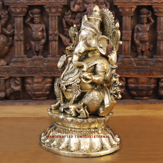 Brass Ganesh seated on Base with Fine Carved jewelry, Golden Finish, 17"