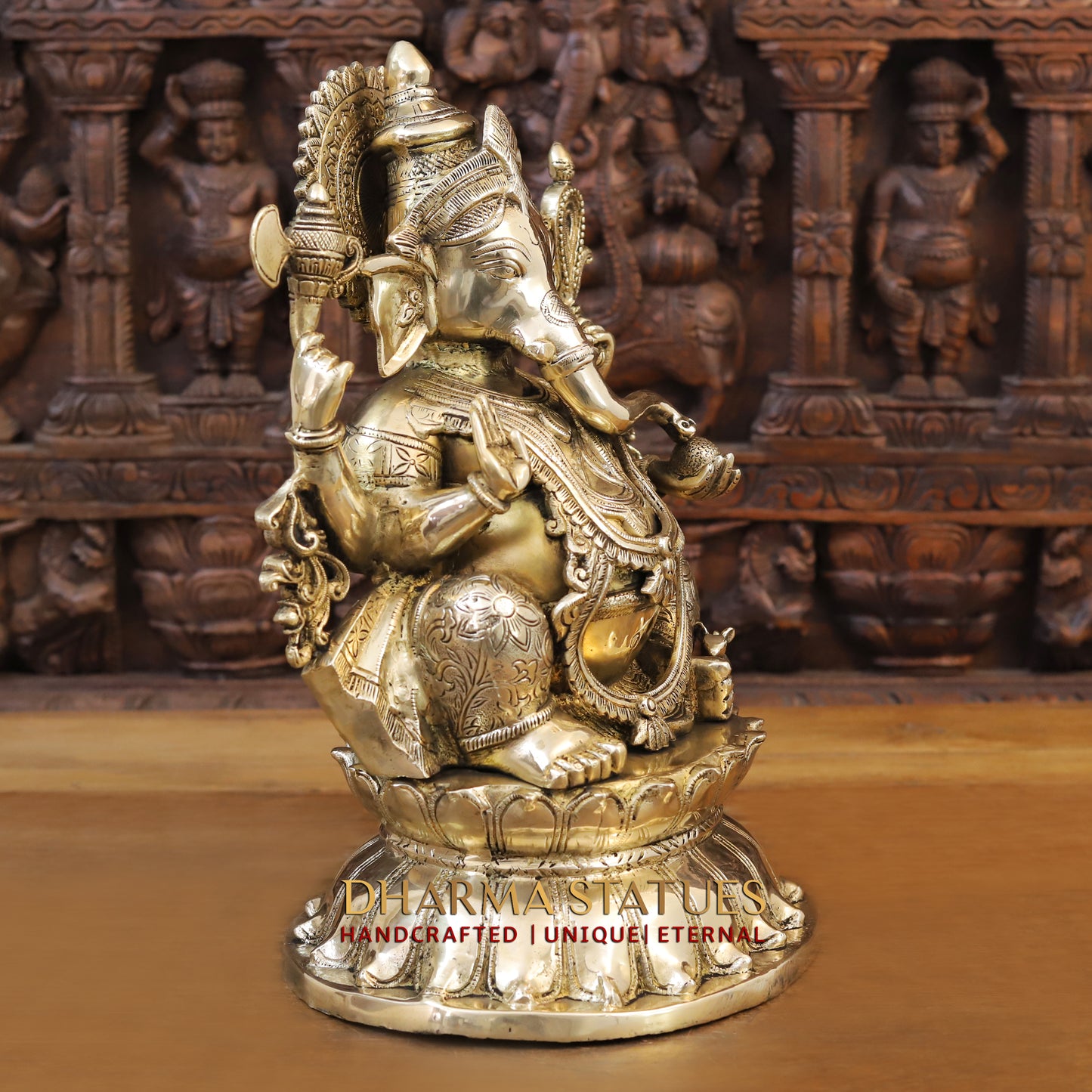 Brass Ganesh seated on Base with Fine Carved jewelry, Golden Finish, 17"