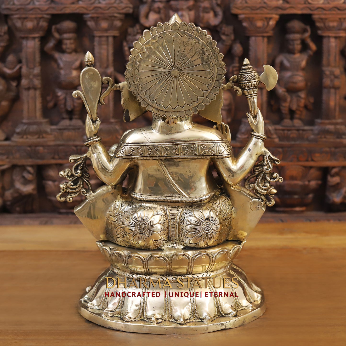 Brass Ganesh seated on Base with Fine Carved jewelry, Golden Finish, 17"